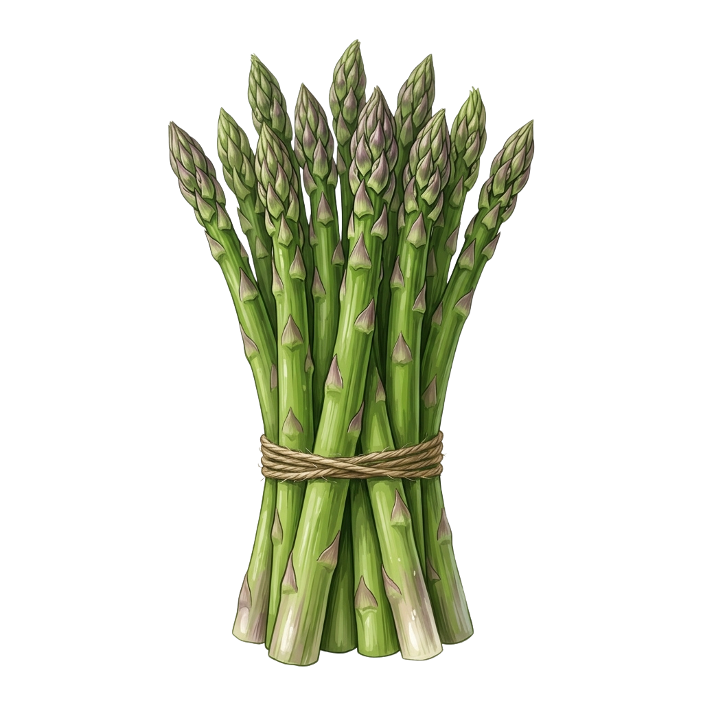 A bundle of fresh green asparagus spears tied together with twine