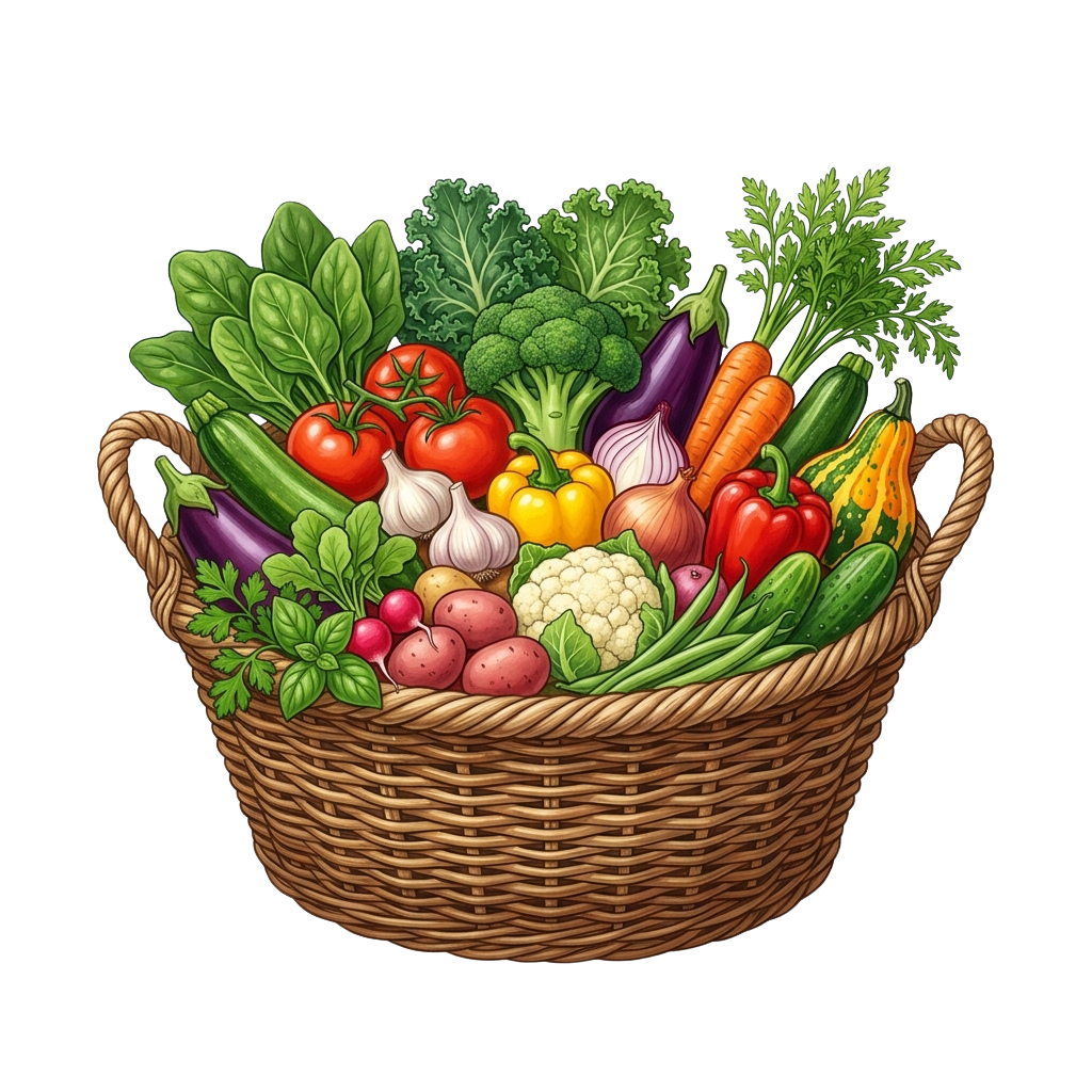 A woven basket filled with a variety of colorful fresh vegetables and herbs