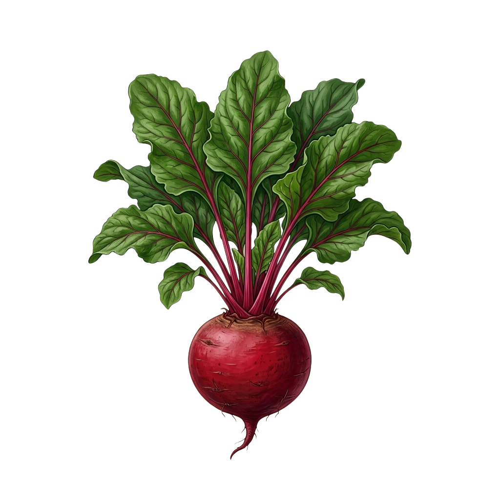 Illustration of a red beetroot with green leafy stems attached