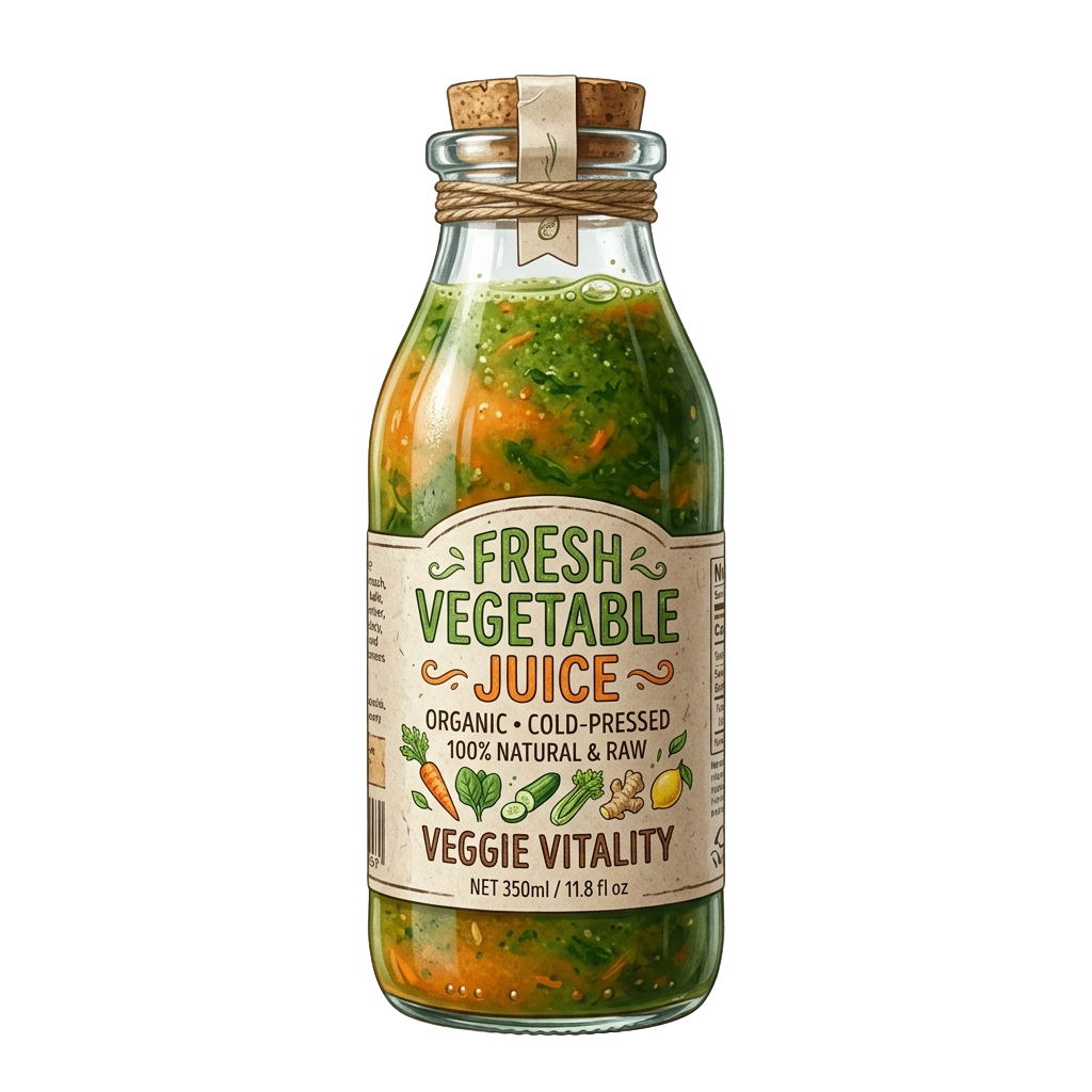 A glass bottle of fresh vegetable juice with a cork stopper, labeled organic cold-pressed veggie vitality
