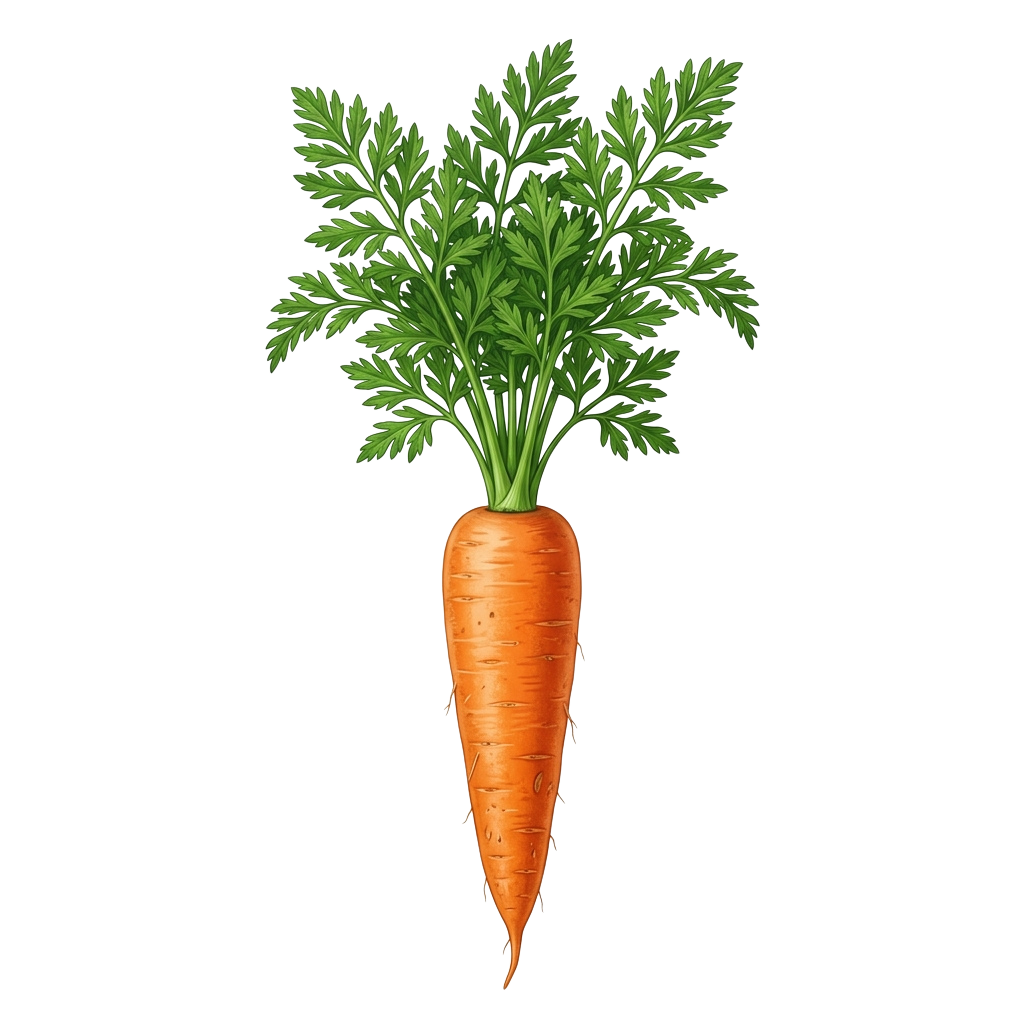 Illustration of a whole carrot with green leafy tops attached