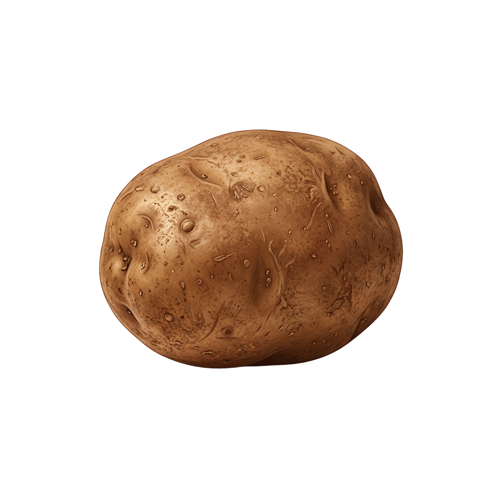 A close-up image of a potato with rough, natural skin and visible imperfections.