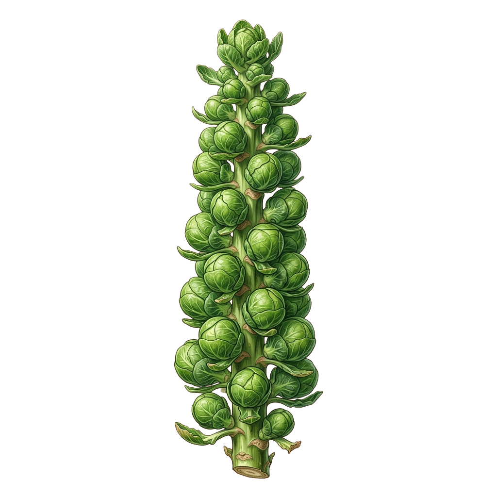 Illustration of a Brussels sprouts plant with tightly packed green sprouts along a vertical stem