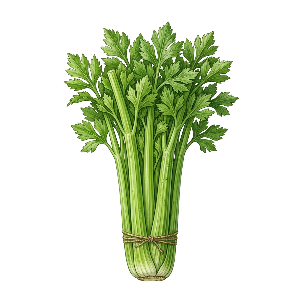 A bundle of fresh celery with green leaves tied together with a brown string.