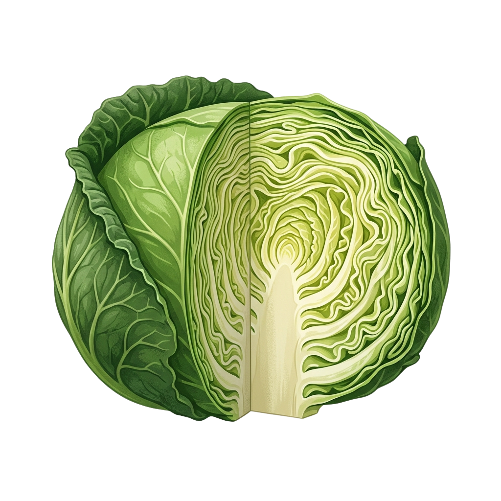 A halved green cabbage displaying its tightly packed inner leaves and outer leaf structure