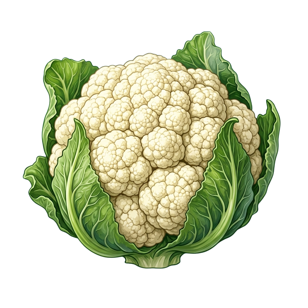 Illustration of a whole cauliflower with green leaves and a light cream-colored head of florets.