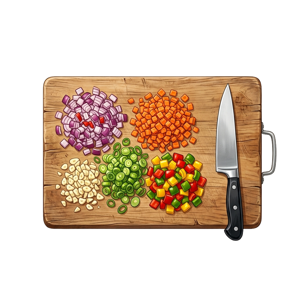 Chopped red onion, bell peppers, garlic, and green onions on a wooden board with a knife