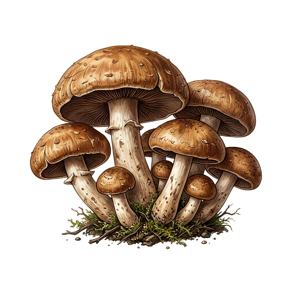 Illustration of a group of brown mushrooms with textured caps and stems growing together in a forest environment