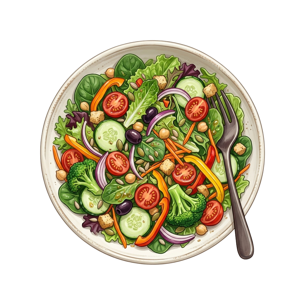 A colorful salad bowl filled with fresh vegetables, chickpeas, and a fork.
