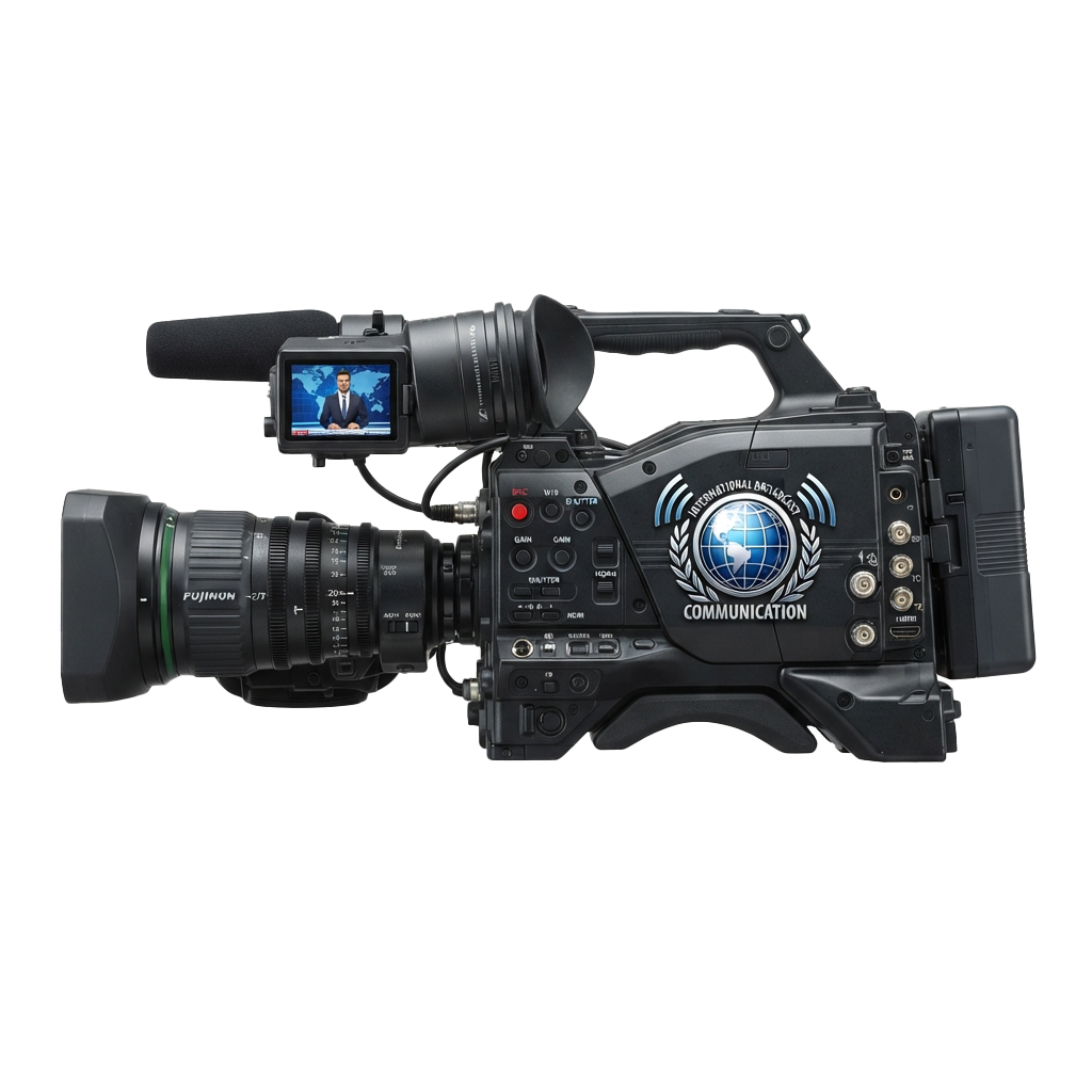 Professional video camera with attached monitor displaying footage and Fujinon lens attached.