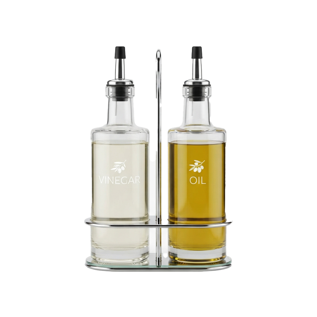 Two glass bottles with black caps and labels for vinegar and oil in a clear holder