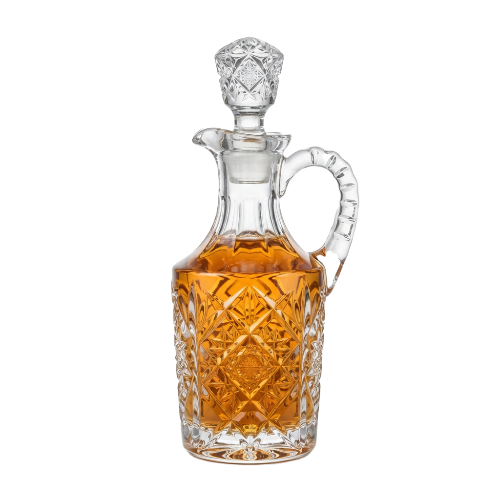 Clear crystal decanter filled with amber liquid, featuring intricate cut glass patterns and a handle