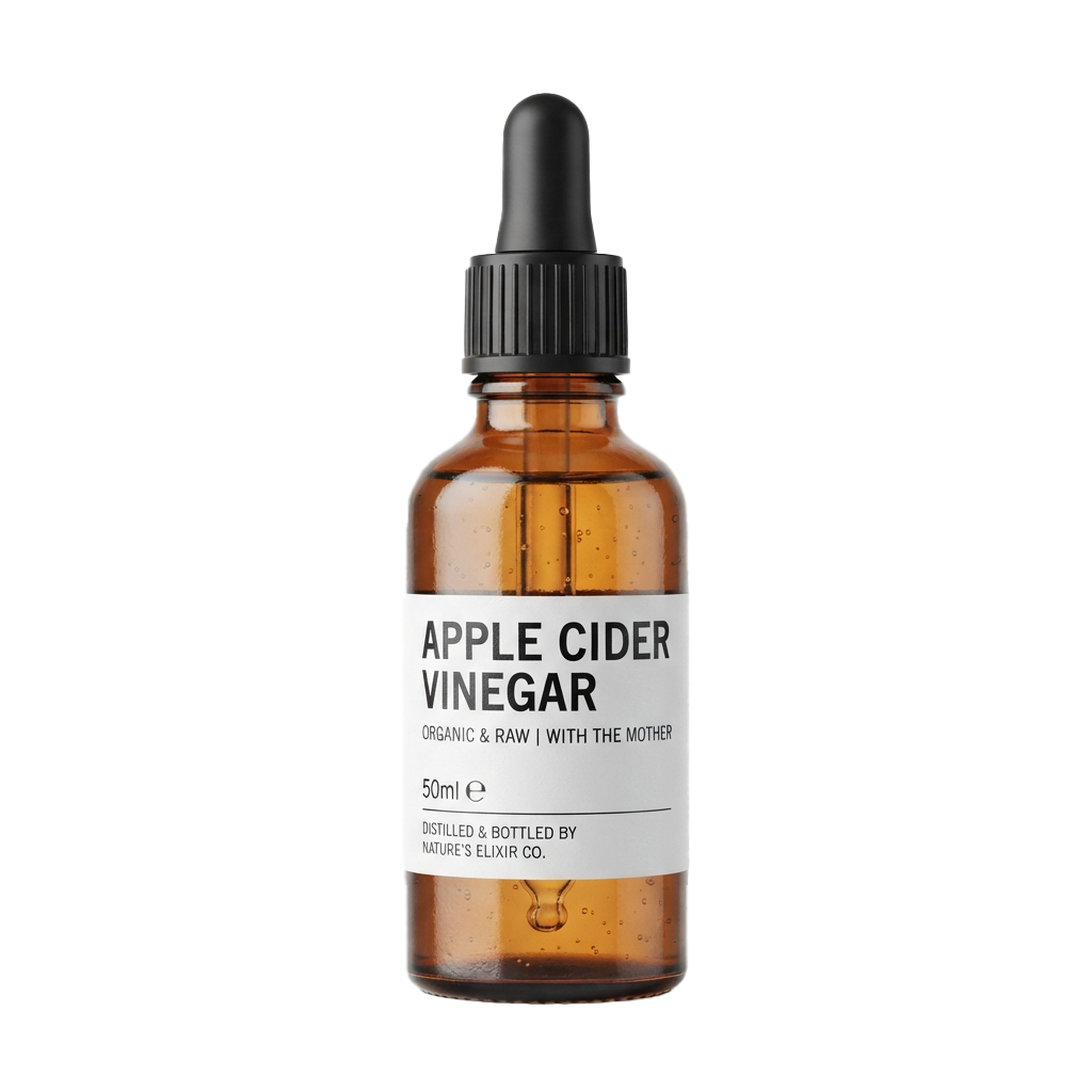 A 50ml amber glass bottle of organic apple cider vinegar with a black dropper cap against a black background