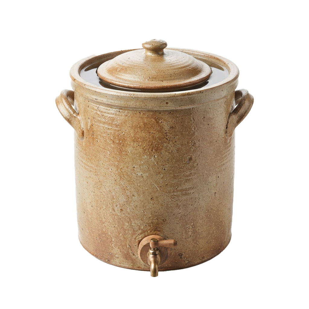 A rustic ceramic crock with a lid and brass spigot for dispensing liquids.