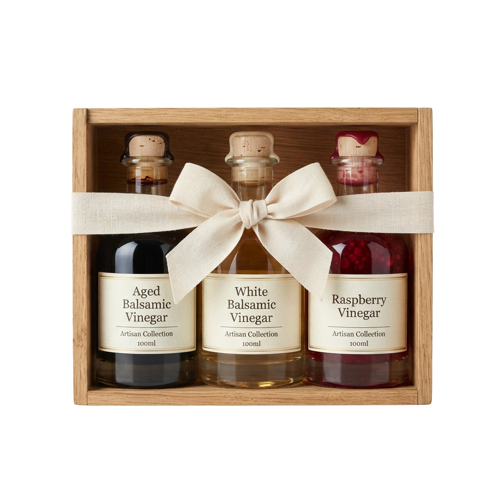 Wooden box containing three 100ml artisan vinegar bottles labeled aged balsamic, white balsamic, and raspberry vinegar with a ribbon tie.