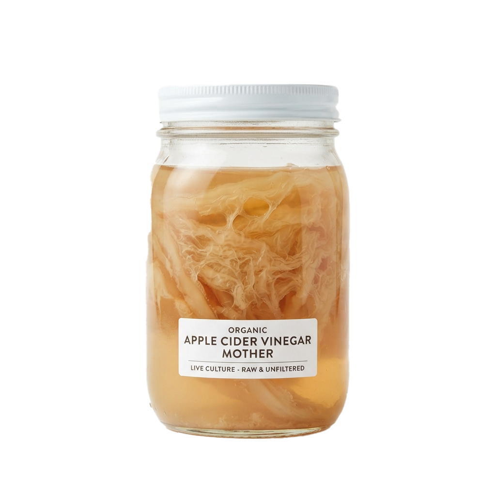 Glass jar containing organic apple cider vinegar mother with visible strands and a white label