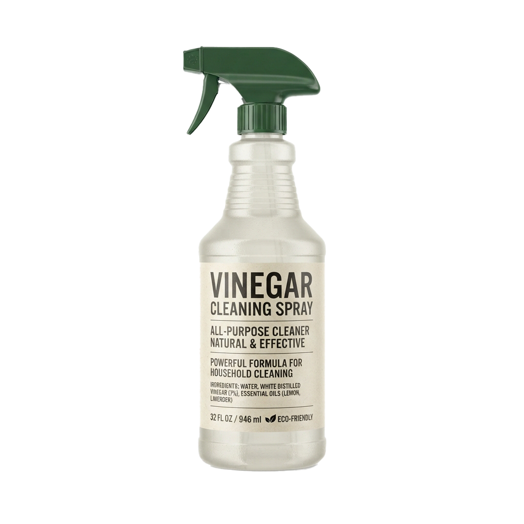 A bottle of vinegar-based all-purpose cleaning spray with a green trigger and white body, labeled for household cleaning.