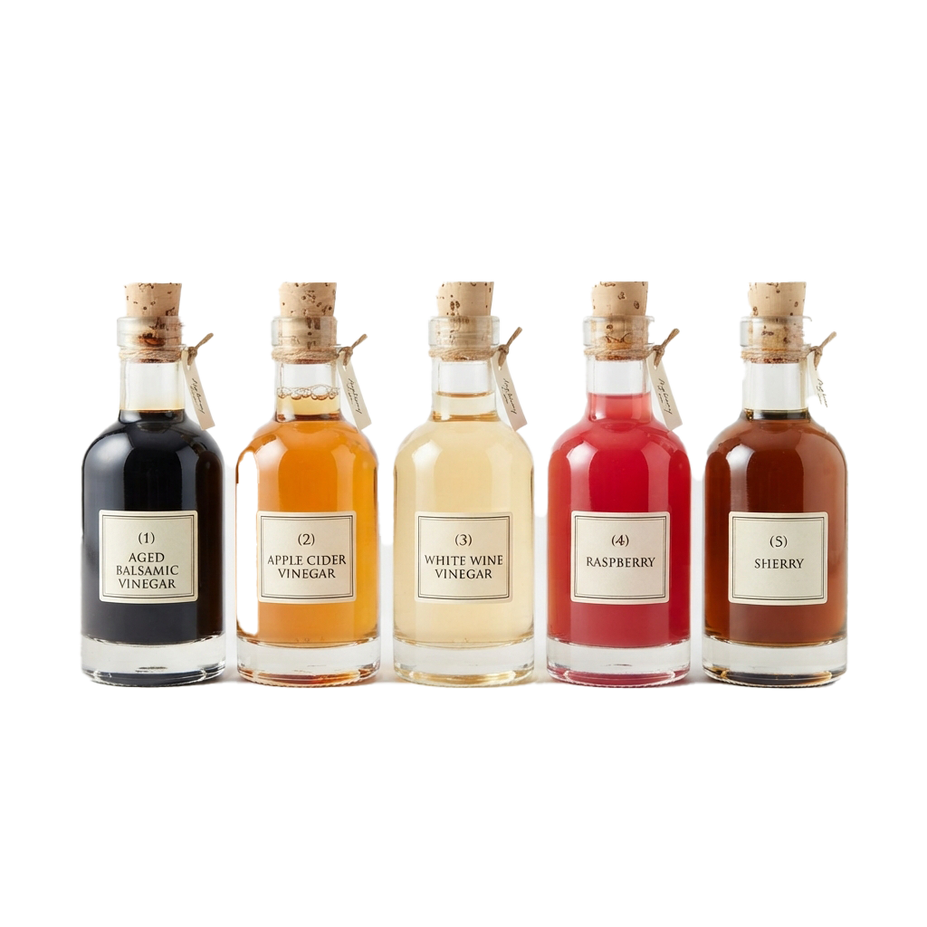 Five small bottles of flavored vinegar with cork stoppers labeled aged balsamic, apple cider, white wine, raspberry, and sherry