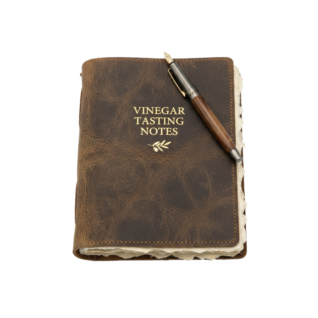 Leather-bound notebook labeled Vinegar Tasting Notes with a pen resting on top