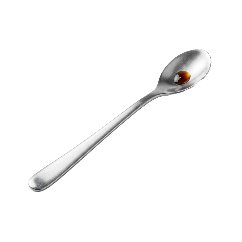 A polished silver spoon with a round bowl containing a small hole, resting on a black background