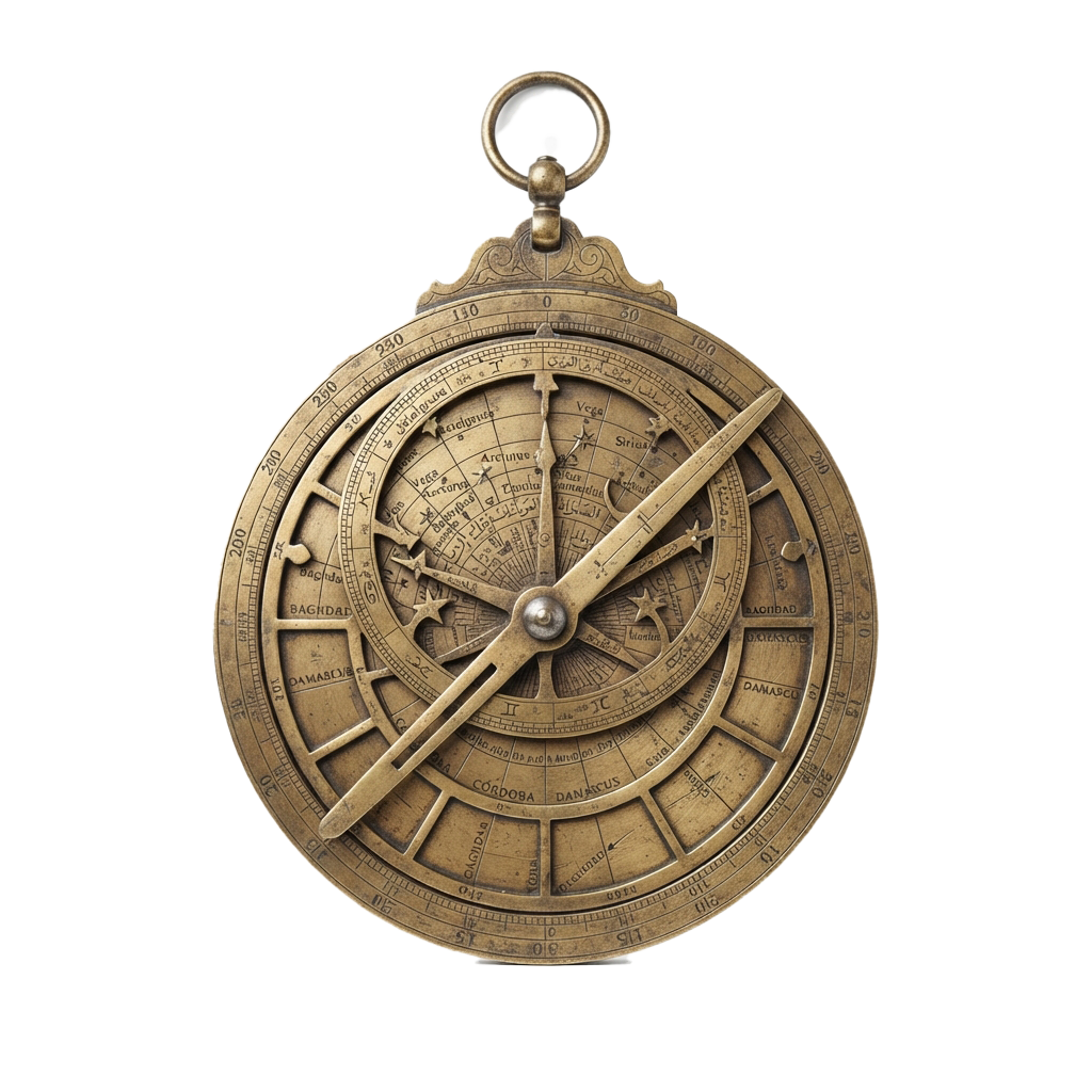 An antique brass astrolabe with intricate celestial markings and rotating pointers