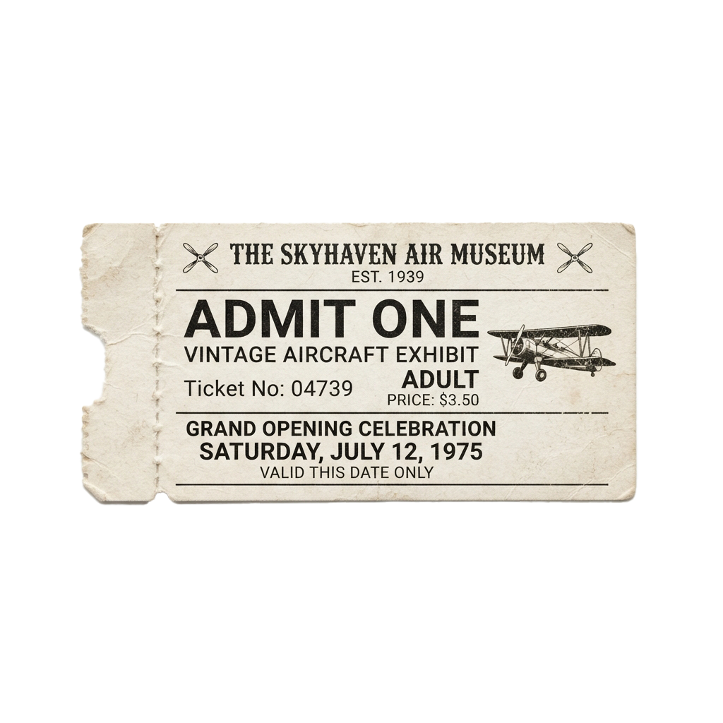 Old-style ticket for a vintage aircraft exhibit at a museum, dated July 12, 1975, with an illustration of a biplane.