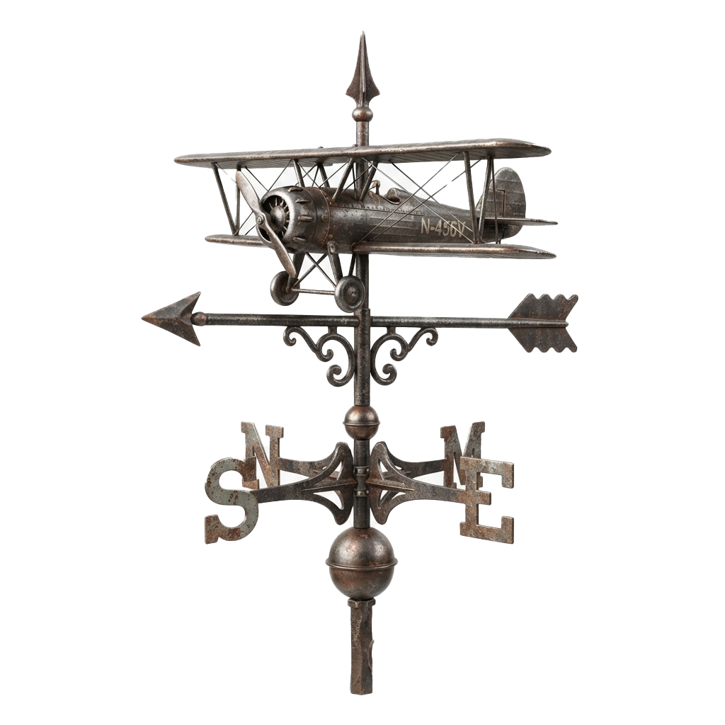 A decorative weather vane featuring a biplane with directional arrows and letters spelling SHE.