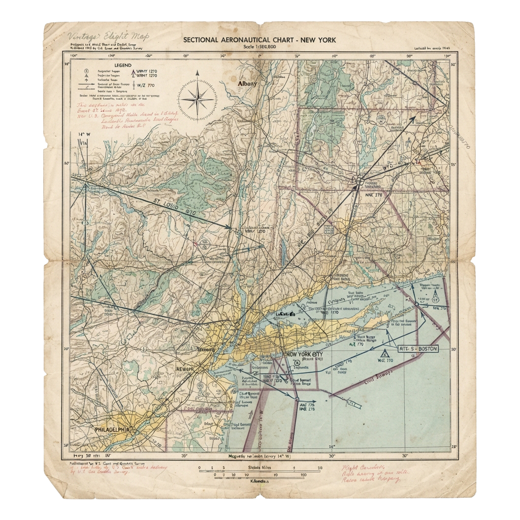 Old aeronautical map showing New York flight paths, cities, and air routes from mid-20th century