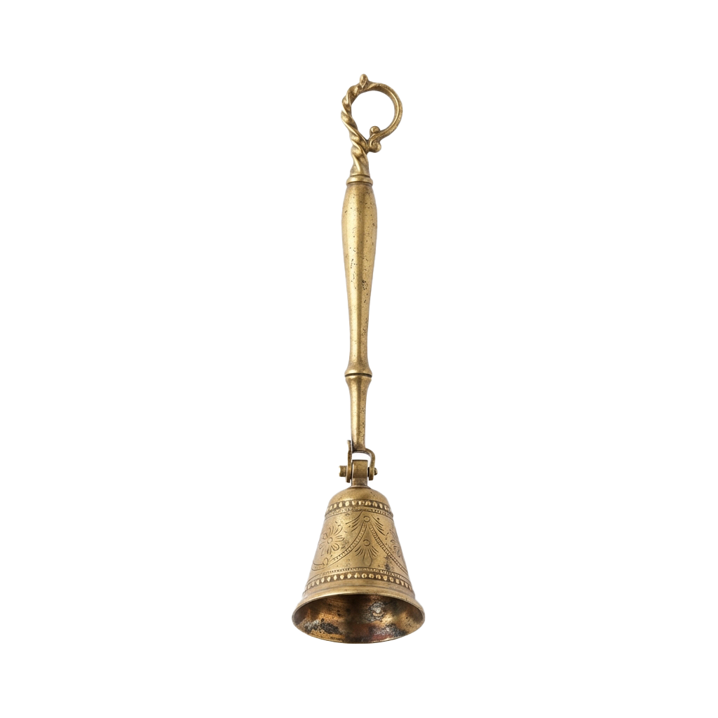 A brass handbell with a decorative handle and loop, shown against a dark background