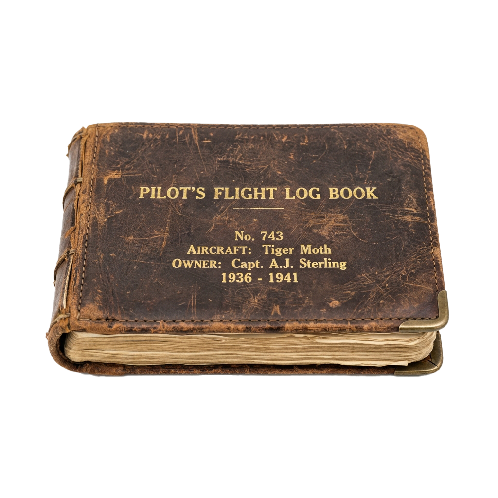 Old leather-bound pilot flight log book labeled Tiger Moth aircraft, dated 1936 to 1941