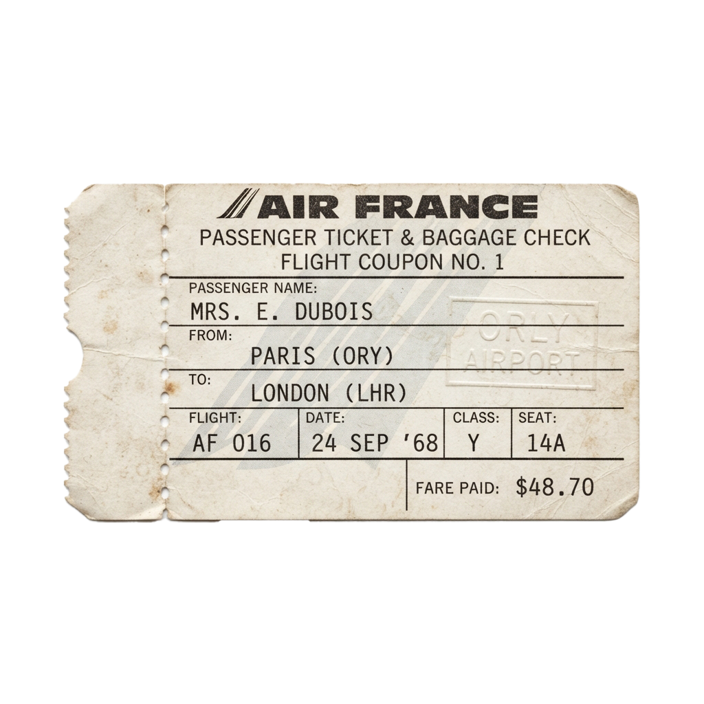 Old Air France ticket from Paris to London dated September 24, 1968, showing flight details and fare
