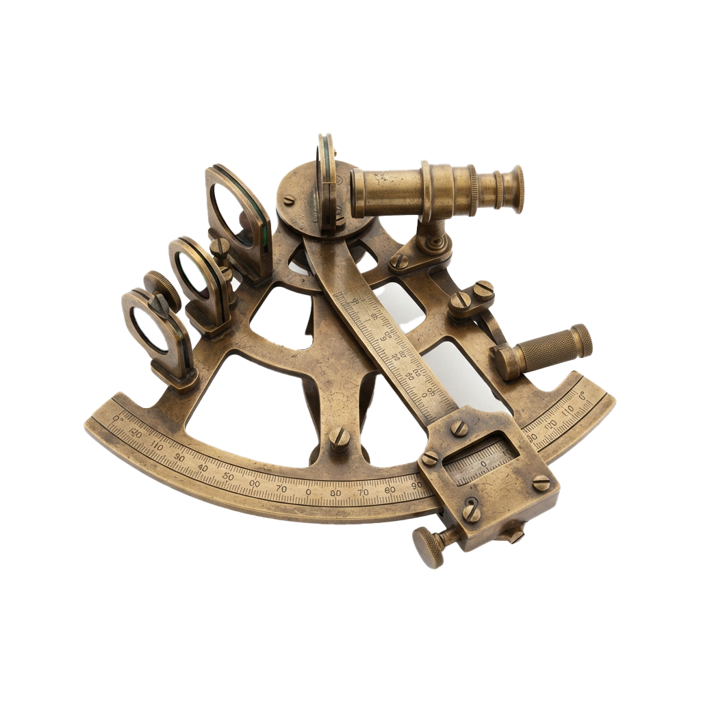A brass sextant with a telescope, adjustable arm, and degree scales for celestial navigation