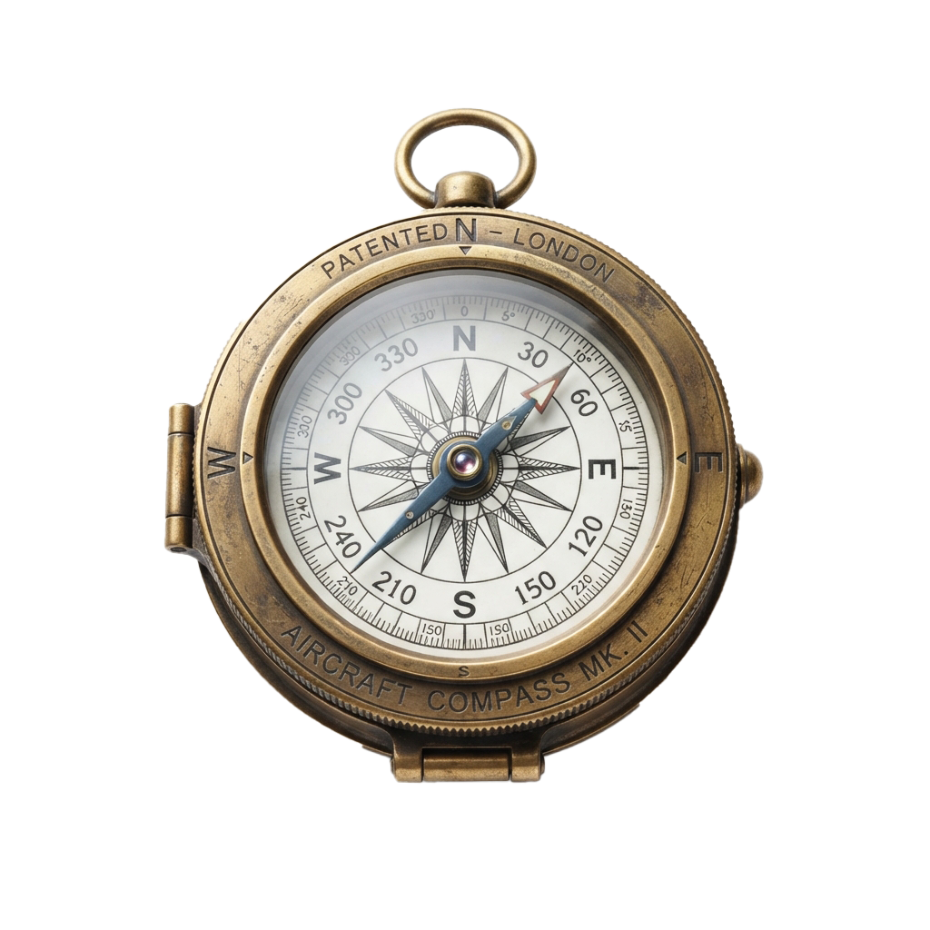 An antique brass aircraft compass with a clear dial and directional markings pointing north, south, east, and west