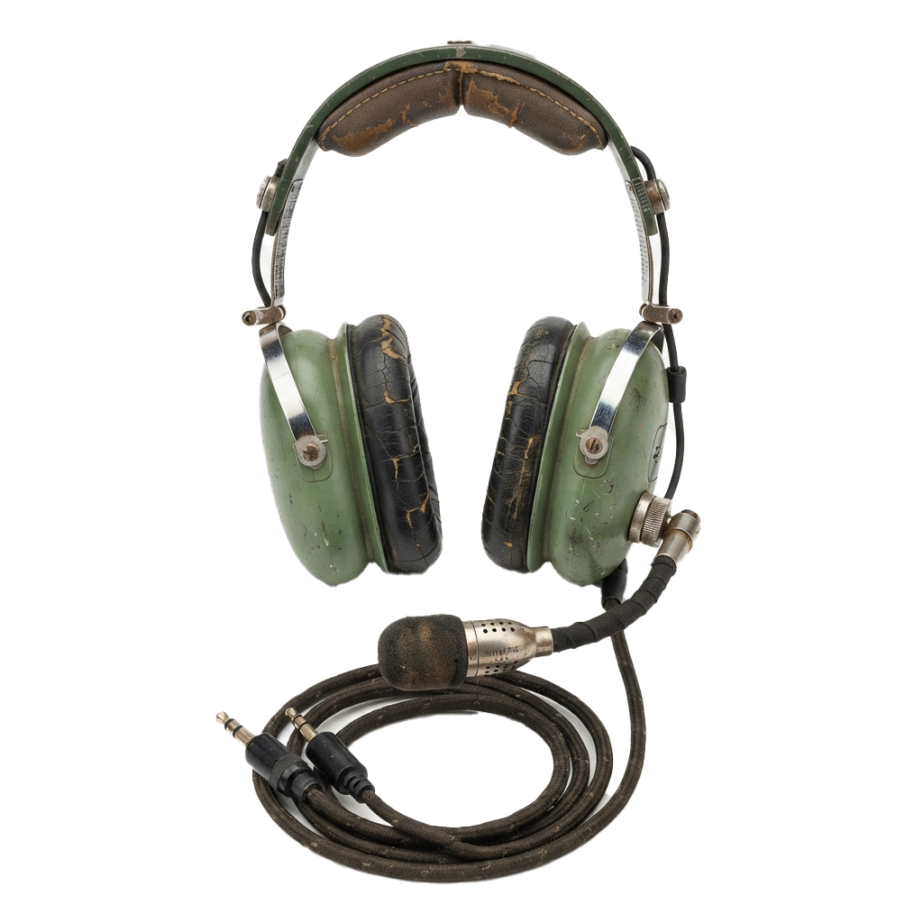 Old green military-style headset with padded ear cups and attached microphone cord