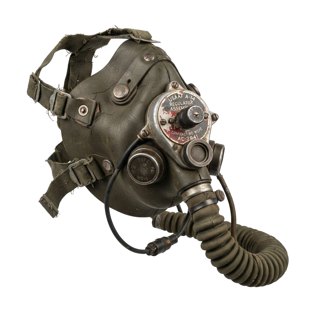 Old-style military gas mask featuring a regulator assembly and breathing hose.