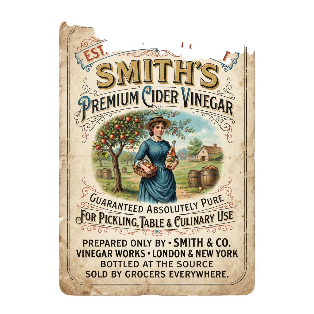 Vintage label showing a woman holding a bottle of cider vinegar near an apple tree with barrels in the background
