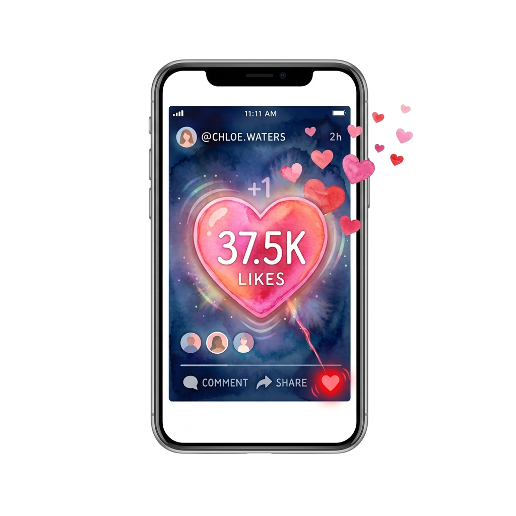 Smartphone screen showing a social media post with a glowing heart icon displaying 37.5K likes and floating pink hearts around it.