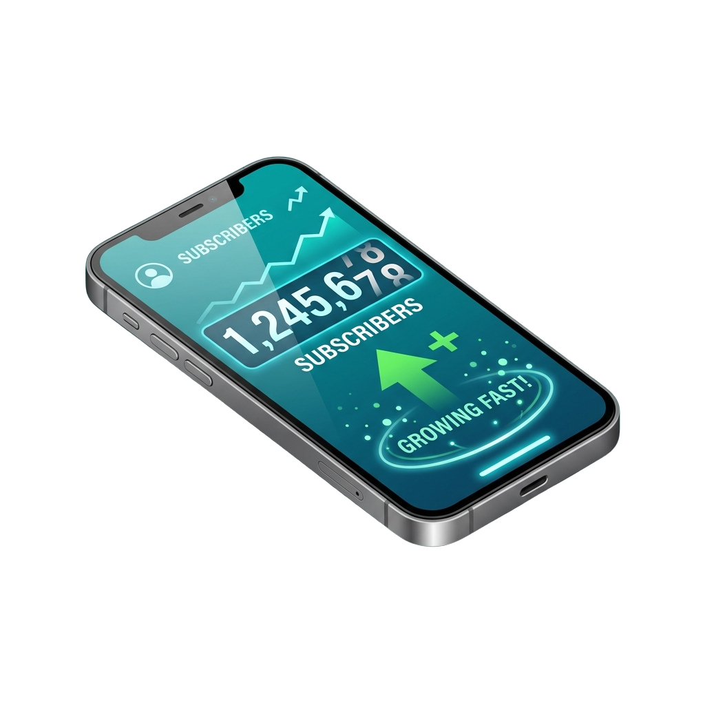 Smartphone screen displaying 1245678 subscribers growing fast with upward arrow and chart