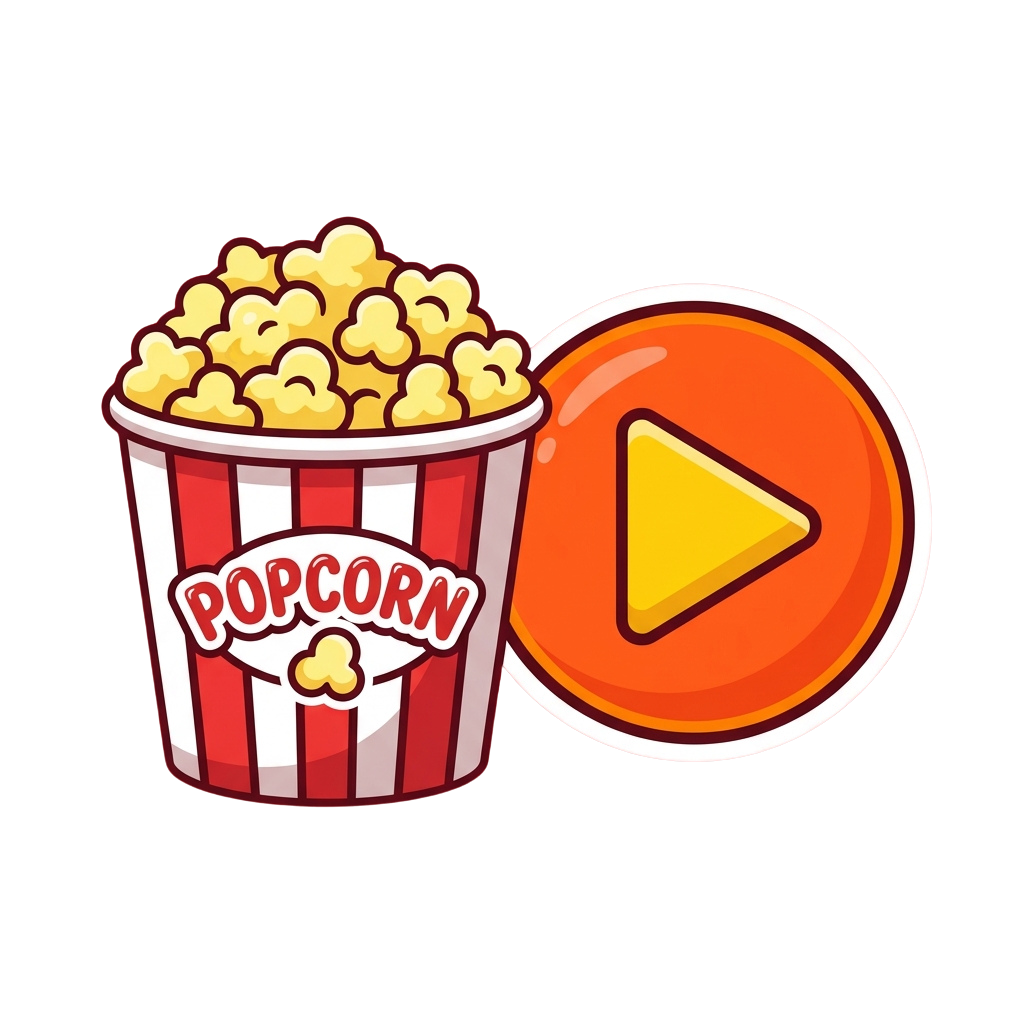 A red and white popcorn bucket next to a large orange play button icon