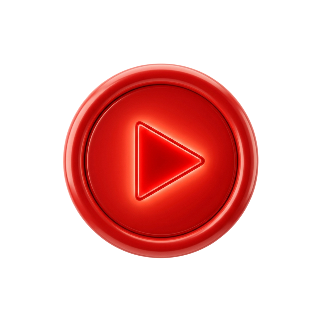 A glossy red circular play button with a white triangular symbol in the center