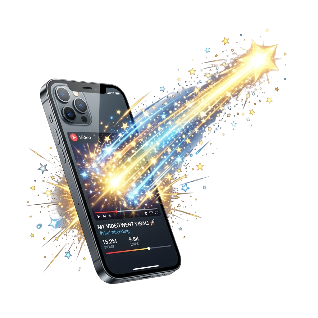 Smartphone showing viral video with 15.2 million views and starburst explosion graphics around it