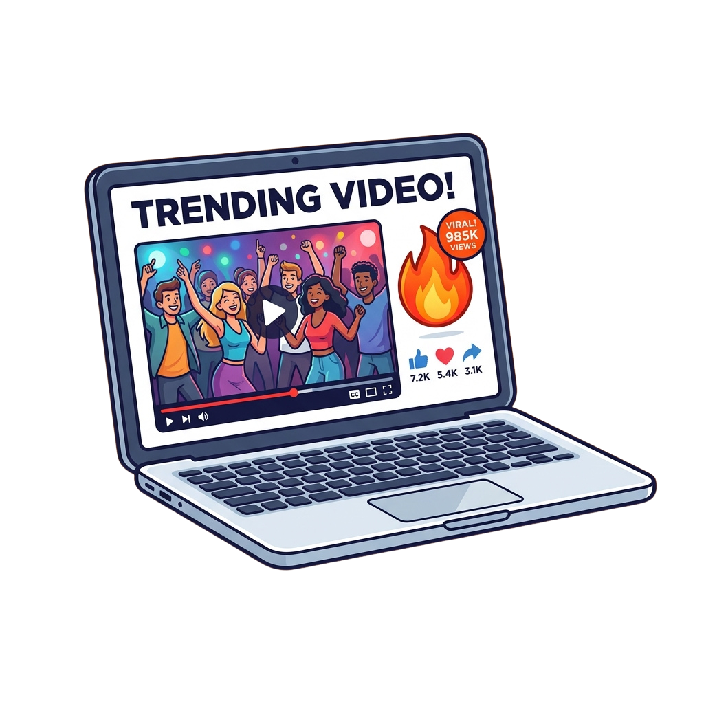 Laptop displaying a trending video with people dancing and a viral badge showing 985K views