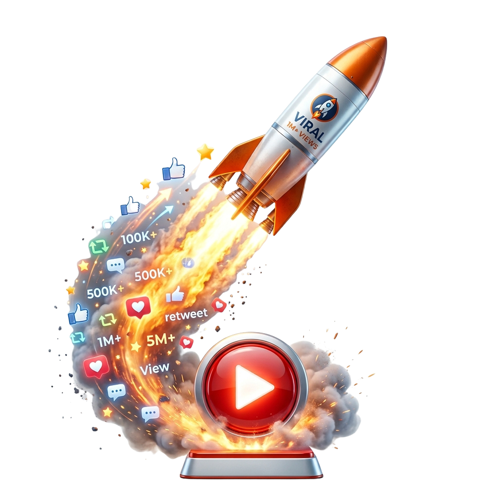 A rocket launching with social media icons and video play button, symbolizing viral content and high engagement