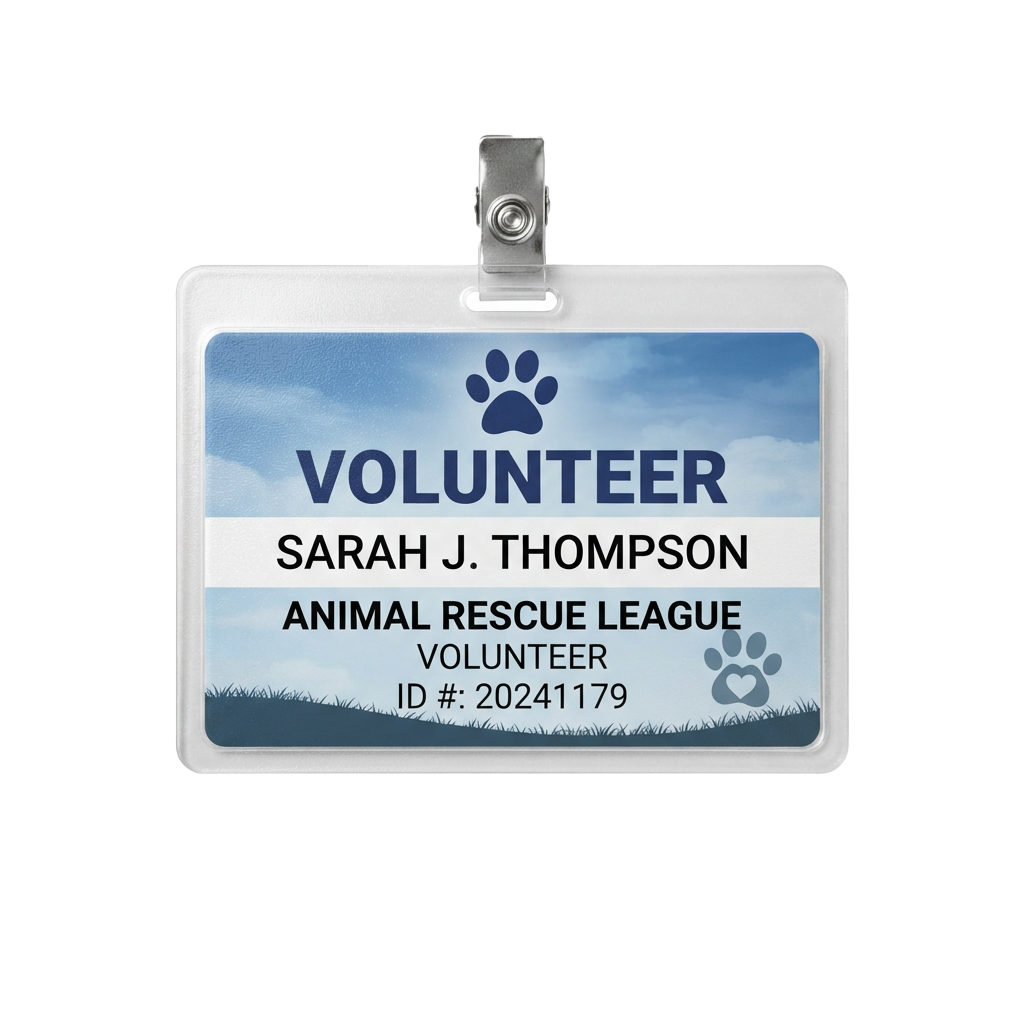 Volunteer badge featuring a paw print, name Sarah J Thompson, and Animal Rescue League text