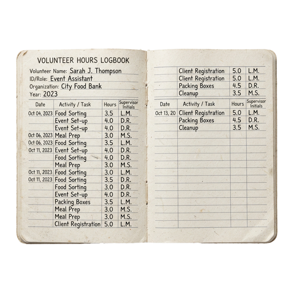 Open logbook showing volunteer hours recorded for various tasks in 2023
