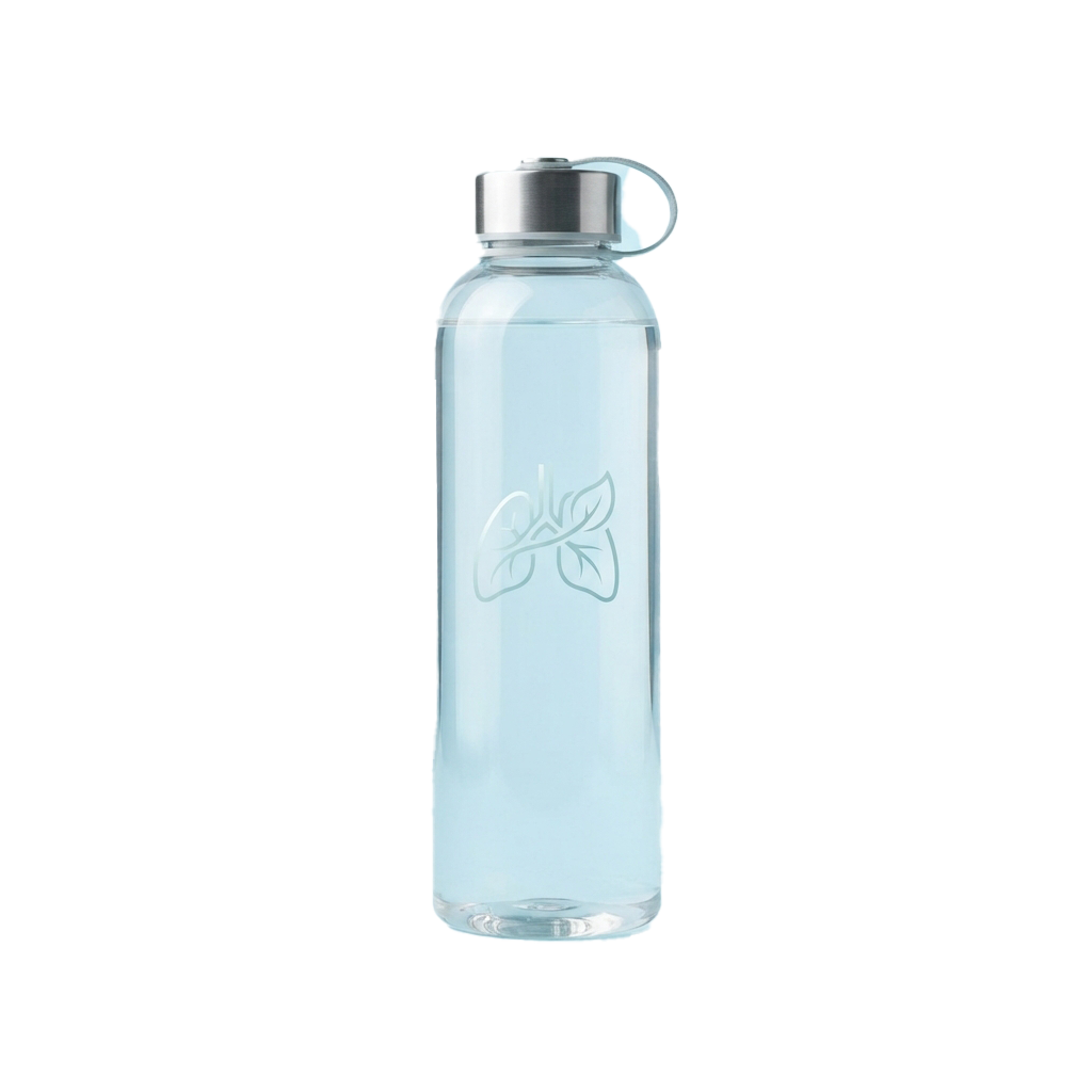A clear plastic water bottle with a metal cap and a leaf logo design on the front