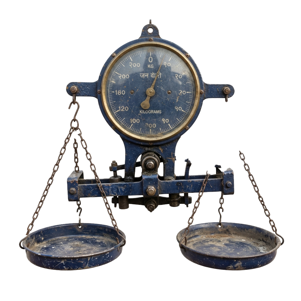 Old mechanical balance scale with two pans and a dial showing kilograms and grams measurements