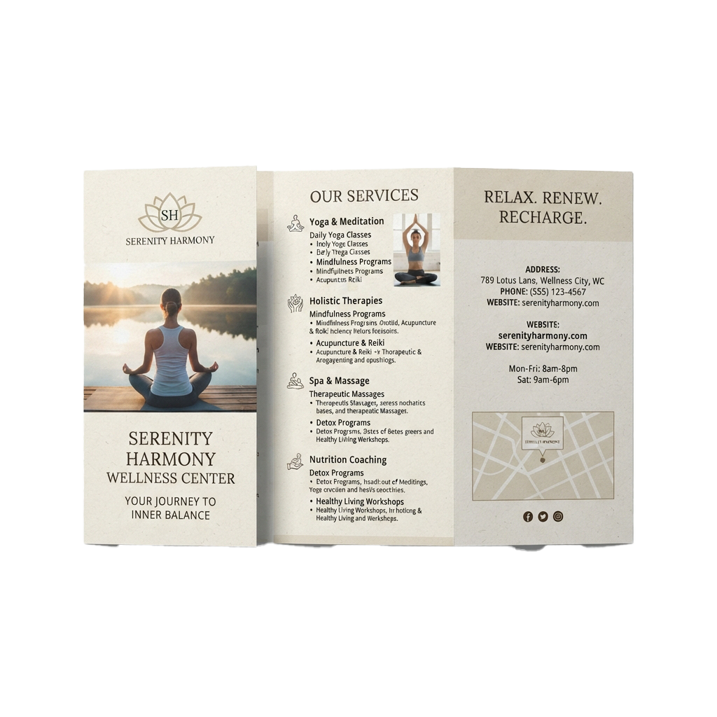 Tri-fold brochure for a wellness center advertising yoga, meditation, spa, and holistic therapy services with contact details and a map.