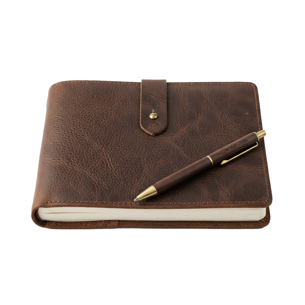 A brown leather notebook with a pen resting on top of it against a black background