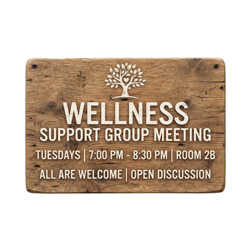 Wooden sign advertising a wellness support group meeting on Tuesdays from 7 PM to 8:30 PM in Room 2B with an open discussion